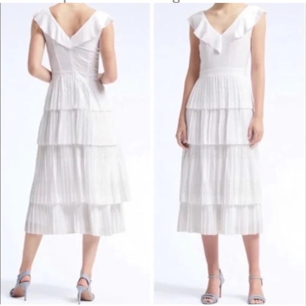 Banana Republic White Laser Cut Ruffle Tier Midi Dress, Size 6